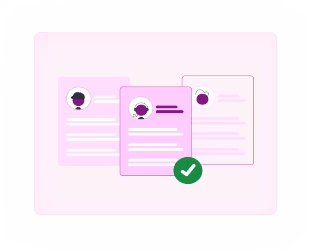 User profile cards verified with green checkmark graphic.