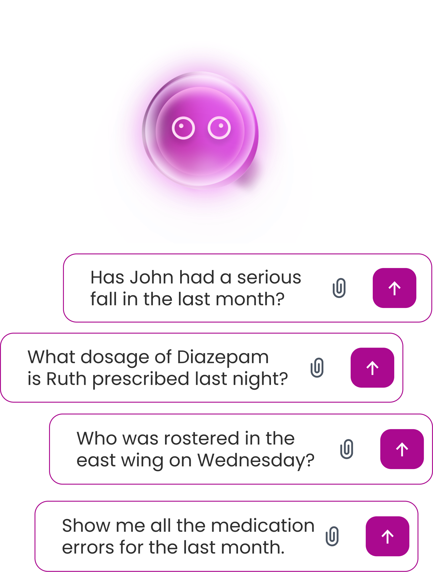 Chat interface displaying patient care query prompts.